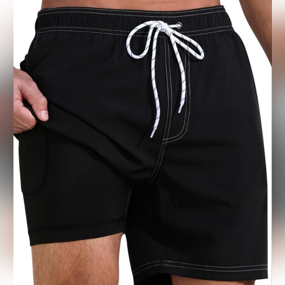 NWT Men’s Black Swim Trunks Bathing Suit Drawstring Liner Shorts Pockets Sz L